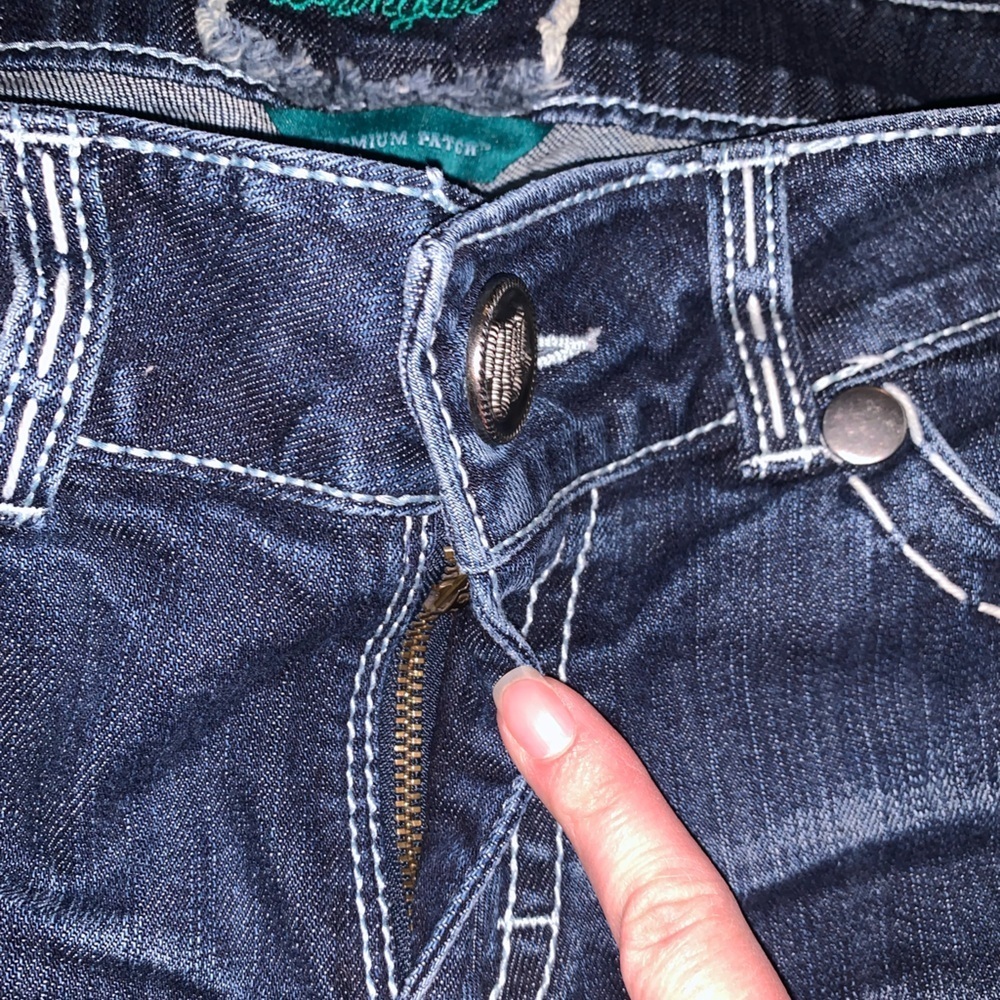 Wrangler Premium Patch Studded Bejeweled Distressed Y2K Flare Low Rise Jeans 5/6 - Picture 9 of 11